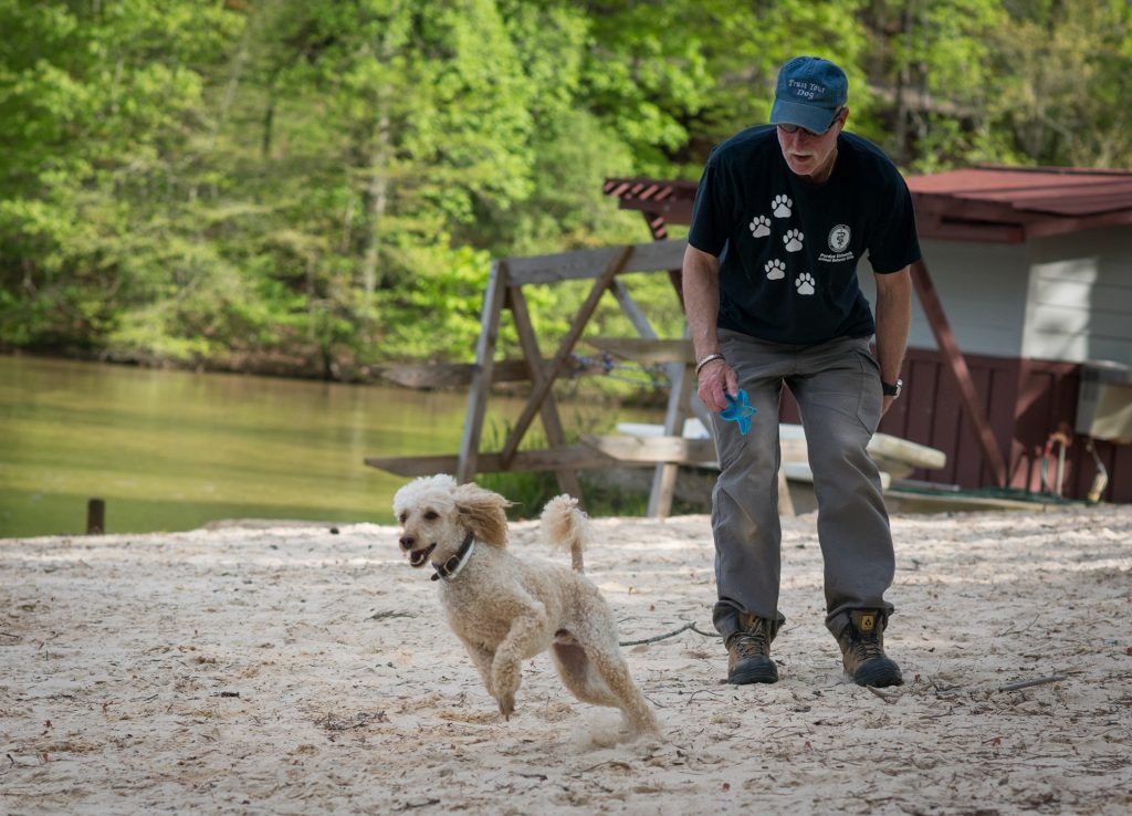 A man and his dog playing frisbee in the sand.